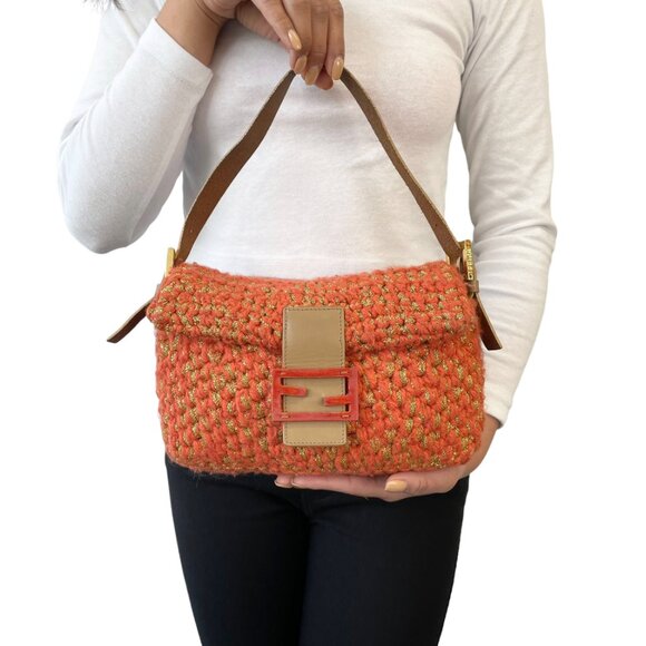FENDI Vintage FF Mamma Baguette Wool Knit Shoulder Bag Glitter Orange [106267] - Picture 2 of 14